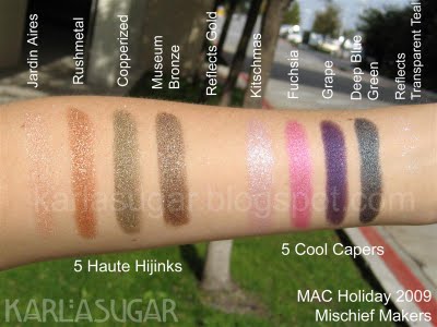 MAC, holiday, 2009, Magic, Mirth, Mischief, Mischief Makers, swatches, Haute Hijinks, Jardin Aires, Rushmetal, Copperized, Museum Bronze, Reflects Gold, Cool Capers, Kitschmas, Fuchsia, Grape, Deep Blue Green, Reflects Transparent Teal