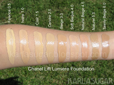 Chanel, Lift Lumiere, foundation, swatches, Faience, Ivoire, Clair, Cendre, Beige, Soft Bisque, Natural Beige, Naturel, Tawny Beige