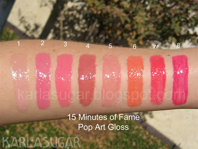 Lipstick Queen, 15 Minutes of Fame, Pop Art Gloss, swatches