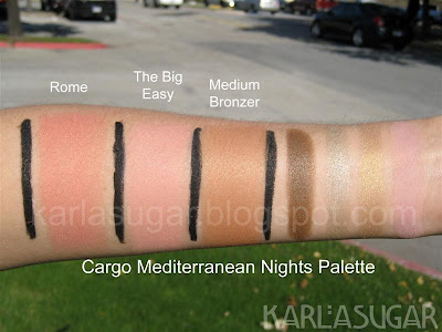 Cargo, Mediterranean Nights palette, swatches, Rome, The Big Easy, Medium bronzer