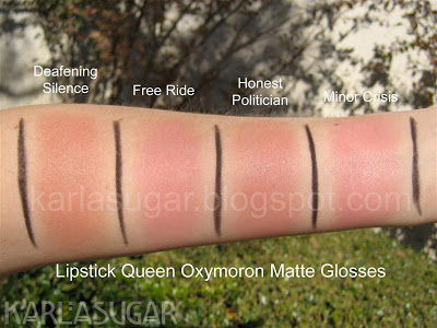 Lipstick Queen, Oxymoron, Matte Glosses, swatches, Deafening Silence, Free Ride, Honest Politician, Minor Crisis