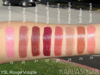YSL, Yves Saint Laurent, Rouge Volupte, swatches, Frivolous Pink, Spicy Pink, Vibrant Brown, Exquisite Plum, Luscious Pink, Praline Delight, Soft Beige, Tender Peach
