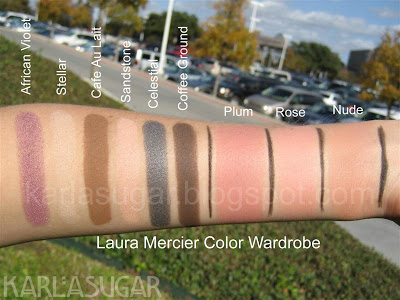 Laura Mercier, Color Wardrobe, Colour Wardrobe, swatches, African Violet, Stellar, Cafe Au Lait, Sandstone, Celestial, Coffee Ground, Plum, Rose, Nude