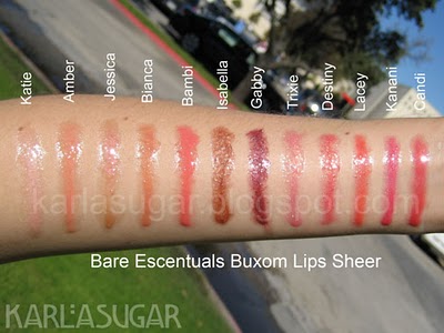 BE, Bare Escentuals, Buxom, lipgloss, swatches, Katie, Amber, Jessica, Bianca, Bambi, Isabella, Gabby, Trixie, Destiny, Lacey, Kanani, Candi