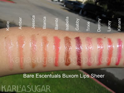 BE, Bare Escentuals, Buxom, lipgloss, swatches, Katie, Amber, Jessica, Bianca, Bambi, Isabella, Gabby, Trixie, Destiny, Lacey, Kanani