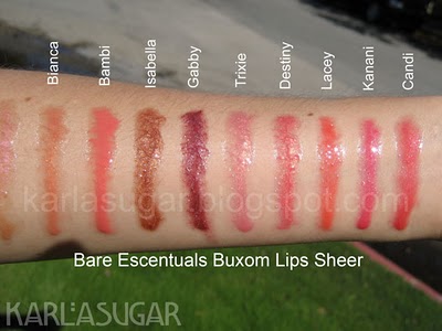 BE, Bare Escentuals, Buxom, lipgloss, swatches, Bianca, Bambi, Isabella, Gabby, Trixie, Destiny, Lacey, Kanani, Candi