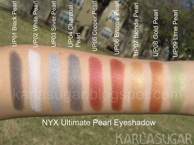 NYX, Ultimate Pearl Eyeshadow, swatches, Black Pearl, White Pearl, Silver Pearl, Charcoal Pearl, Copper Pearl, Bronze Pearl, Blonde Pearl, Gold Pearl, Lime Pearl