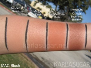MAC, blush, swatches, Tenderling, Margin, Coppertone, Sweet as Cocoa
