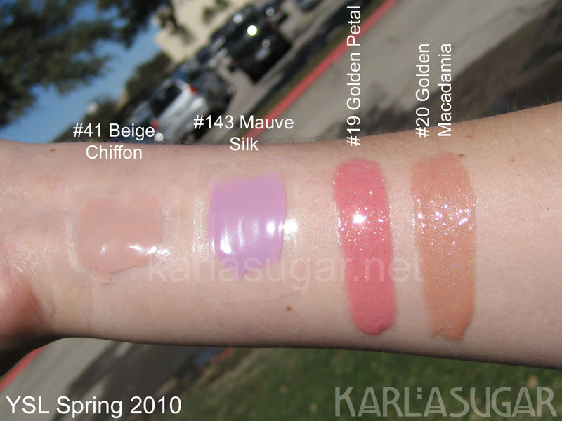 YSL, Yves Saint Laurent, Spring 2010, Golden Gloss, Golden Petal, Golden Macadamia, Beige Chiffon, Mauve Silk, swatches