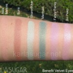 Benefit, Velvet, swatches, Nice Melons, Buns, Shamrocker, Mermaid, Fancy Pansy, Bo Peep