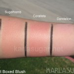 Benefit, swatches, Sugarbomb, Coralista, Dandelion