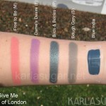 MAC, Liberty of London, swatches, Give Me Liberty of London, Free to Be, Dame's Desire, Birds and Berries, Bough Grey, Blue India, Vestral White
