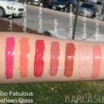 MAC, Too Fabulous, swatches, Cremesheen Gloss, Just Superb, Loud and Lovely, Richer, Lusher, Double Dare, Deelight, Over Indulgence, Fashion Scoop, Partial to Pink, Boy Bait