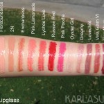 MAC, lipglass, swatches, C-Thru, Florabundance, 2N, Enchantress, Pink Lemonade, Lychee Luxe, Russian Red, Pink Poodle, Oyster Girl, Dreamy, Lovechild, Viva Glam VI, VGVI, Pop Mode, Desire