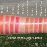 Korres, Mango Butter, lipstick, swatches, 24 Peach, 45 Coral, 18 Peach, 14 Pink, 54 Fuchsia, 12 Frost Pink, 36 Natural Brown, 33 Nude, 13 Natural Pink, 25 Natural Purple, 22 Rose, 38 Cinnamon