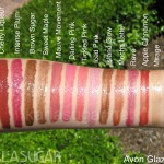 Avon, Glazewear, swatches, Crimson, Cherry Liqueur, Intense Plum, Brown Sugar, Sweet Maple, Mauve Movement, Darling Pink, Tickled Pink, Iced Pink, Island Glow, Mocha Latte, Rave, Apple Cinnamon, Mirage, Dazzling Diamond, Clear
