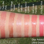 Dior, Addict, Ultra Gloss, swatches, Pearl, 157, Twin Set Pink, 227, Beige Tweed, 257, Pink Trench, 436, Apricot Cloche, 556, Coral Fantasy, 576, Sari Pink