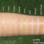 La Mer, Fluid Foundation, swatches, Porcelain, Ivory, Linen, Creme, Natural, Sand, Buff, Neutral, Warm Beige, Tan