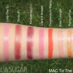 MAC, To The Beach, swatches, Beachbound, Lazy Day, Thrills, Funbathing, Life's a Breeze, Temperature Rising, Easy Lounger, Flurry of Fun, Splashing