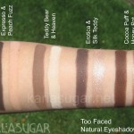 Too Faced, Natural Eyeshadow Duos, swatches, Expresso, Peach Fuzz, Teddy Bear, Heaven, Erotica, Silk Teddy, Cocoa Puff, Honey Pot