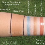 Givenchy, summer, 2010, swatches, Island Sun, Island Tan, Island Lagoon, Island Guava, Island Cocoa, Fleur de Frangipanier