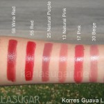 Korres, Guava lipstick, swatches, 27, Mauve, 58, Wine Red, 55, Red, 25, Natural Purple, 13, Natural Pink, 17, Pink, 30, Beige, 22, Rose