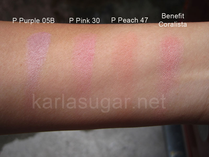 Shu Uemura, swatches, P Purple 05B, P Pink 30, P Peach 47, Benefit, Coralista