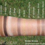 Bobbi Brown, Shimmerwash, Shimmer Wash, eyeshadow, swatches, Champagne, Bronze, Black Plum, Bone, Beige, Rock, Gold, Copper Penny, Seashell, Copper Sand, Heather Mauve, Copper Cocoa, KarlaSugar, Karla Sugar