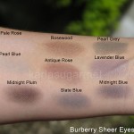 Burberry, sheer eyeshadow, swatches, Pale Rose, Pearl Blue, Midnight Plum, Rosewood, Antique Rose, Slate Blue, Pearl Grey, Lavender Blue, Midnight Blue