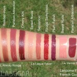 Lancome, fall, 2010, French Coquettes, Rose Divine, Rendez-vous, Parisian Attraction, Cherry Kiki, Sweet Nude, Sensation, Rouge Temptress, Plum Fetish, swatches, KarlaSugar, Karla Sugar