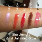 Shu Uemura, Vinyl Unlimited Gloss, swatches, CL010, CL011, OR558, RD165, BR795, PK327, OR521