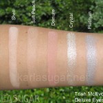 Trish McEvoy, deluxe, eyeshadow, swatches, Shell, Soft Peach, Demure, Crystal, Platinum