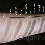 Urban Decay, Naked Palette, swatches, Virgin, Sin, Naked, Sidecar, Buck, Half Baked, Smog, Darkhorse, Toasted, Hustle, Creep, Gunmetal, Whiskey, Zero