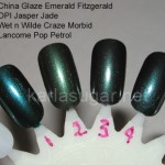 China Glaze, Emerald Fitzgerald, comparison, swatches, OPI, Jasper Jade, Wet N Wild, Craze Morbid, Lancome, Pop Petrol