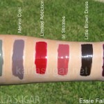 Essie, fall, 2010, swatches, Sew Psyched, Merino Cool, Limited Addiction, In Stitches, Little Brown Dress, Velvet Voyeur, KarlaSugar, Karla Sugar