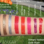 Armani, holiday, 2010, swatches, Gold Rush, Eyes to Kill Silk Eyeshadow, Coral Red, Tibetan Orange, Fuchsia, Effetto Nudo, Lip Ink, Black Purple, Lavish Red, Sharp Pink, KarlaSugar, Karla Sugar