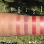NYX, Round lipstick, swatches, Celene, Circe, Darling, Thalia, Twist, Watermelon, KarlaSugar, Karla Sugar