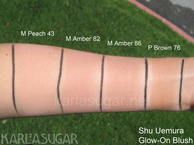 Shu Uemura, Glow On, blush, swatches, M Peach 43, M Amber 82, M Amber 86, P Brown 76, KarlaSugar, Karla Sugar