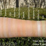 Trish McEvoy, Glaze, eyeshadow, swatches, Petal, Cream, Platinum, Lilac, White Peach, Golden Apricot, Natural, Glamorous Gold, Gorgeous Gold, Gilded Lily, Kiwi, Azure, KarlaSugar, Karla Sugar