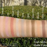 Trish McEvoy, matte, eyeshadow, swatches, Snow, Delicate Pink, Iris, Glaze Crimson, Pebble, Dove, Olive, Deep Olive, Biscotti, Deep Taupe, Onyx, KarlaSugar, Karla Sugar