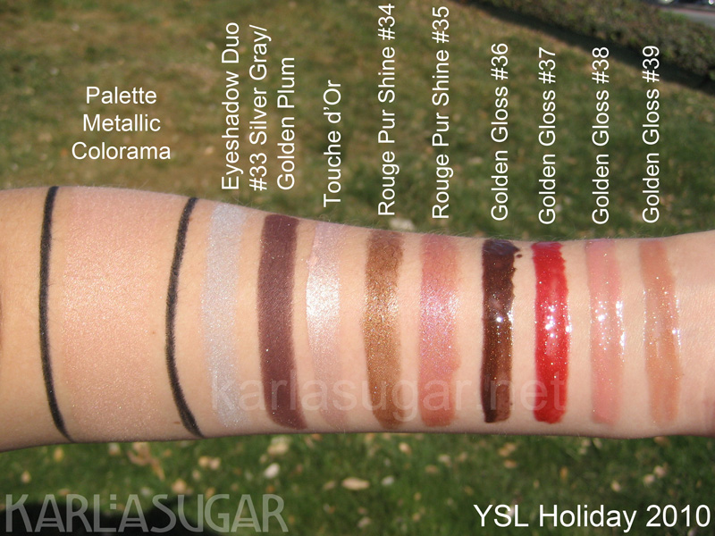 YSL, holiday, swatches, 2010, Palette, Metallic, Colorama, Silver Grey/Golden Plum, Touche d'Or, Rouge Pur Shine, 34, 35, Metallic Gold, Metallic Pink, Golden Gloss, 36, 37, 38, 39, Golden Carat, Golden Chocolate, Golden Red, Golden Champagne, KarlaSugar, Karla Sugar