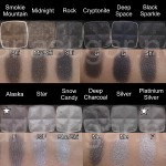 NYX, swatches, Black, Smoky Mountain, Midnight, Rock, Kryptonite, Deep Space, Black Sparkle, Odyssey, Gunmetal, Alaska, Star, Snow Candy, Deep Charcoal, Silver, Platinum Silver, Grey