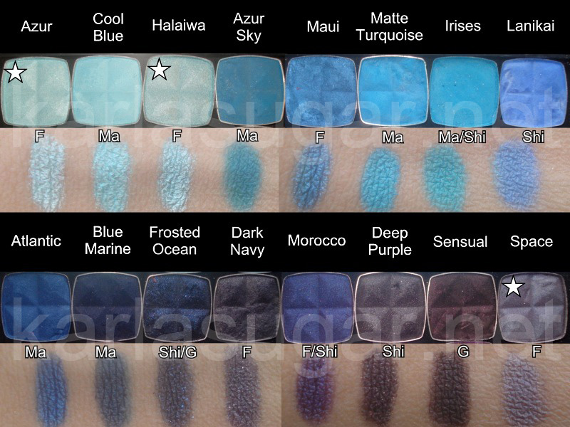 NYX, swatches, Azur, Cool Blue, Halaiwa, Azur Sky, Maui, Matte Turquoise, Irises, Lanikai, Atlantic, Blue Marine, Frosted Ocean, Dark Navy, Morocco, Deep Purple, Sensual, Space