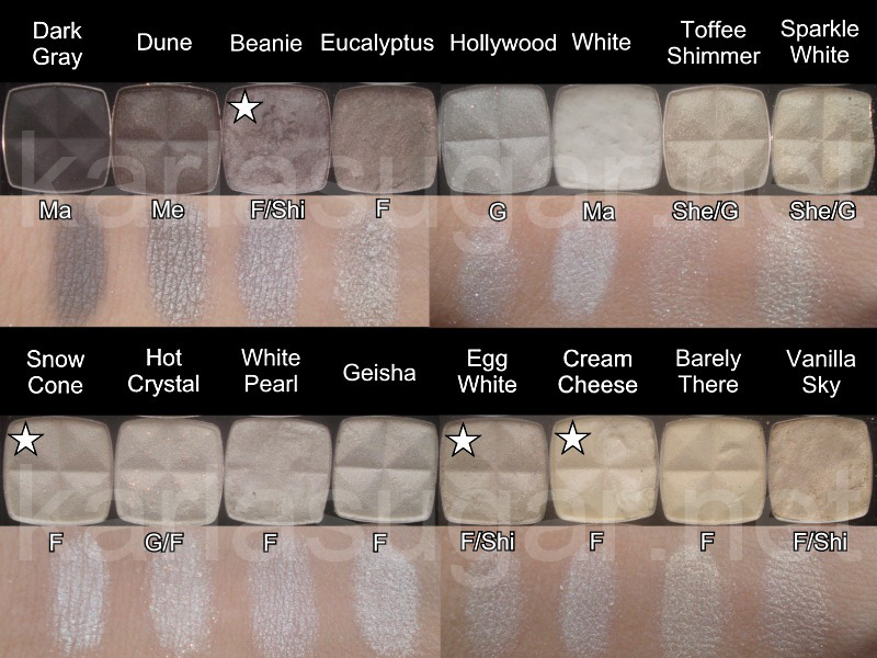 NYX, swatches, Dark Grey, Dune, Beanie, Eucalyptus, Hollywood, White, Toffee Shimmer, Sparkle White, Snow Cone, Hot Crystal, White Pearl, Geisha, Egg White, Cream Cheese, Barely There, Vanilla Sky