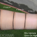 Shu Uemura, glow-on, swatches, highlighter, P Gold 91, P Silver 91, P Pink 31, KarlaSugar, Karla Sugar