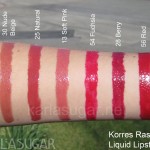 Korres, Raspberry, Liquid Lipstick, swatches, 30, Nude Beige, 25, Natural, 13, Soft Pink, 54, Fuchsia, 28, Berry, 56, Red, KarlaSugar, Karla Sugar
