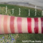 NARS, Pure Matte Lipstick, swatches, Madere, Tashkent, Tonkin, Bangkok, Vesuvio, Terre de Feu, Volga, KarlaSugar, Karla Sugar