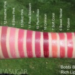 Bobbi Brown, Rich Lip Color, swatches, Bare Pink, Heather Pink, Bikini Pink, Mod Pink, Rose Blossom, Plum Rose, Crimson, Soft Coral, Sweet Nectar, Guava, Old Hollywood, KarlaSugar, Karla Sugar