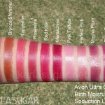 Avon, Ultra Color Moisture Rich Seduction Lipstick, swatches, Nude Perfection, Bronze Shimmer, Tangerine, Rosewine, Rose Wine, Red Kiss, Maraschino, Pink Taffeta, Perfect Pink, Mocha Plum, Plum Gorgeous, KarlaSugar, Karla Sugar