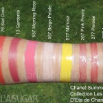 Chanel, Summer, 2011, swatches, Collection Les Fleurs d'Ete de Chanel, Sari Dore, Gardenia, Pink Peony, Pensee, Aurore, Morning Rose, Beige Petale, Mimosa, KarlaSugar, Karla Sugar